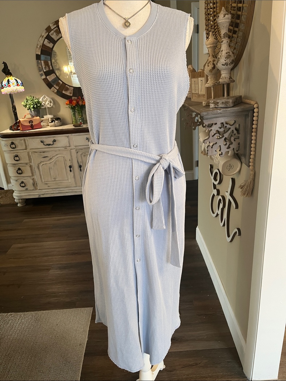 Zara Light Blue Sleeveless Snap-Front Dress with Waist Tie